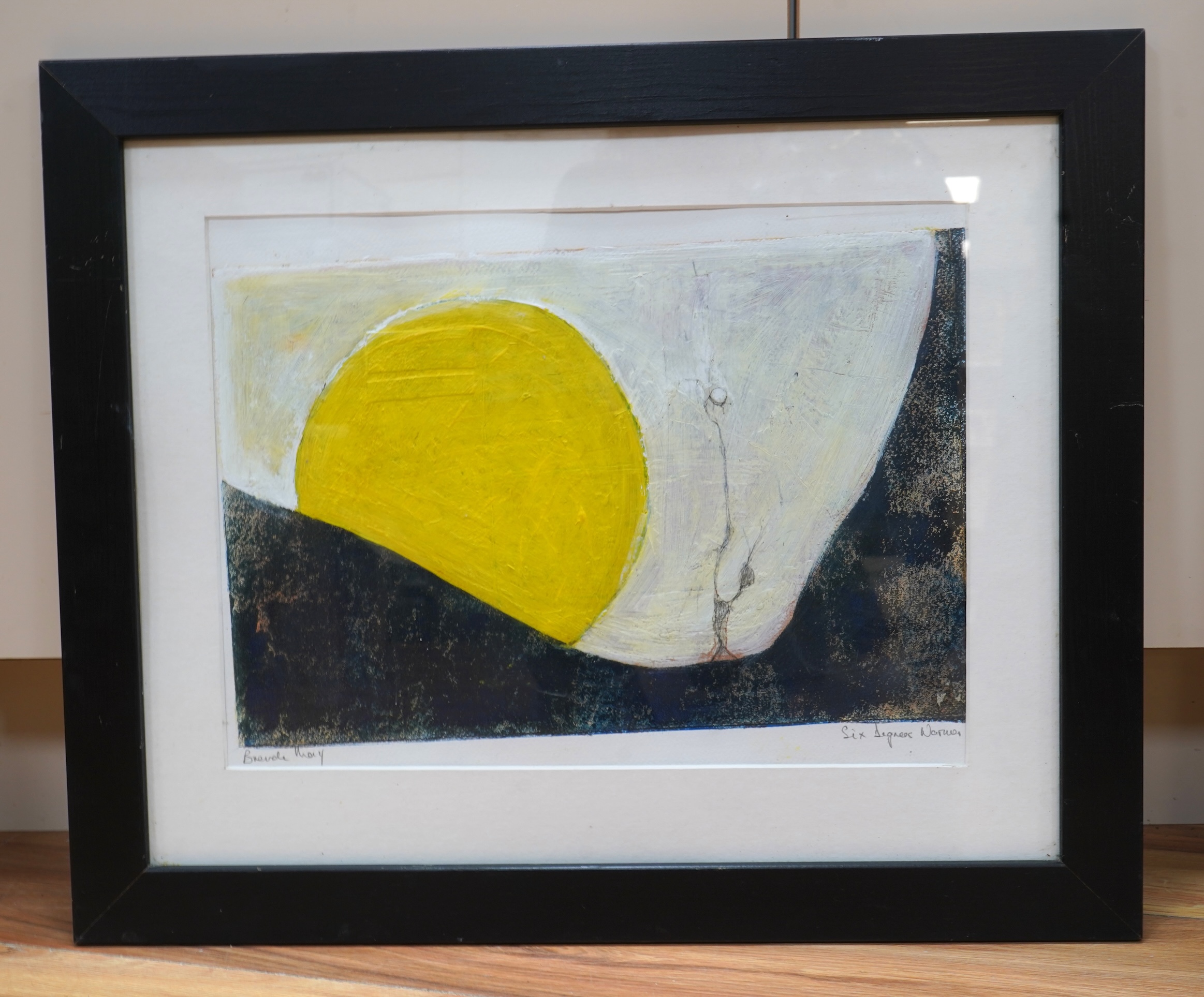 Brenda May (Modern British), a collection of four works to include an abstract charcoal, ‘End of the Story’ and three pencil signed collagraph prints, one titled ‘Pavement Picture’, three framed, largest 49 x 35cm